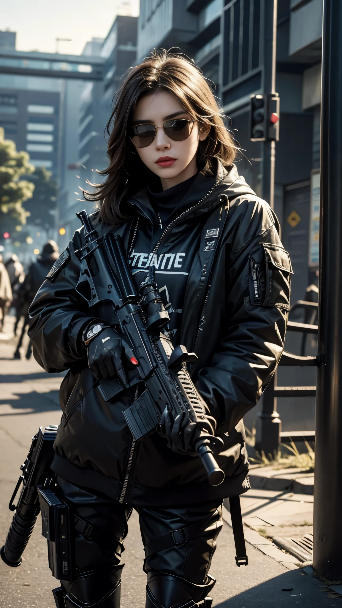 8K, UHD, masterpiece, 1 girl, detailed face, smart face, ((sunglasses)), detailed eyes, sniper rifle in hand, battlefeild, call of duty cosplay, call of duty modern warfare 3, ((ghost tribe)), belts, gun, methic gun, futuristic art, cyberpunk lihting, ultra extreme graphics, RTX 4090, ray tracing, bloom, depth of field, motion blur,