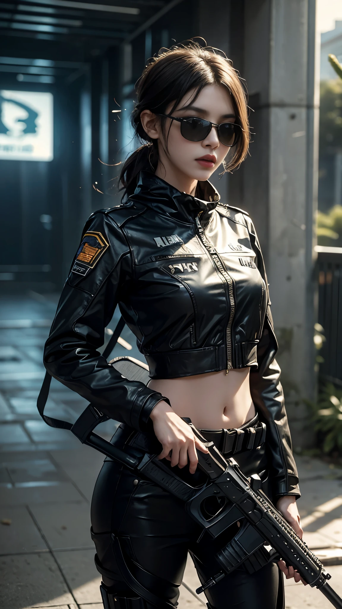 8K, UHD, masterpiece, 1 girl, detailed face, smart face, ((sunglasses)), detailed eyes, sniper rifle in hand, battlefeild, call of duty cosplay, call of duty modern warfare 3, ((ghost tribe)), belts, gun, methic gun, futuristic art, cyberpunk lihting, ultra extreme graphics, RTX 4090, ray tracing, bloom, depth of field, motion blur,