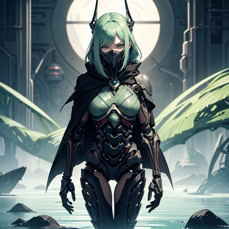 36-year-old woman, humanoid alien biomechanical appearance, porcelain-colored skin, lake charcoal green hair, completely black eyes, black cloak covering her body, serious countenance