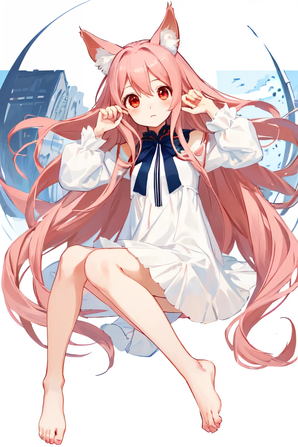 Absurd, One girl, Red eyes, Animal Ears, Long Hair, Pink Hair, Eyes Wide Open, eyelash, View Viewer, twitchemotional expression, Upper Body, Beautiful background, White and navy elegant dress, whole body, toes, Little, emotional expression, In-person audience, (:3:1.0), blush