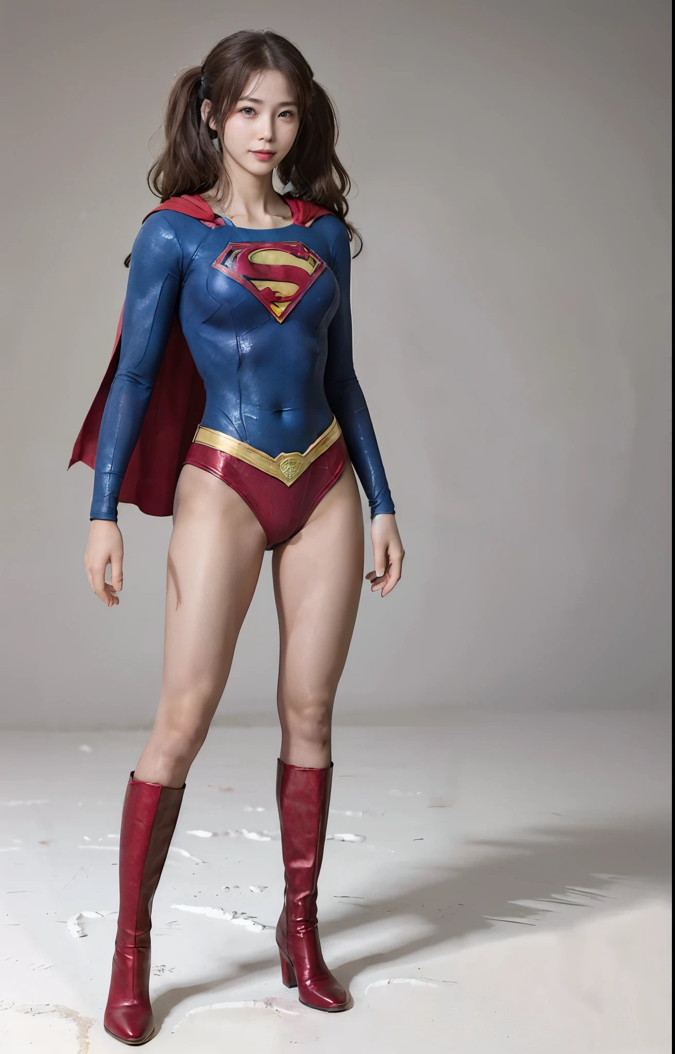 No background、(((Beautiful legs in black tights.)))、(((Legally express the beauty of your smile)))、((((Make the most of your original images)))、(((Body-fitting Supergirl costume)))、(((Supergirl Costume)))、(((Beautiful hair with twin tails)))、(((suffering)))、(((Please wear black tights....、Wear red boots)))、((Best image quality、8k))、((highest quality、8k、masterpiece:1.3))、(((Preserve background )))、Sharp focus:1.2、Beautiful woman with perfect figure:1.4、Slim Abs:1.2、Wet body:1.5、Highly detailed face and skin texture、8k