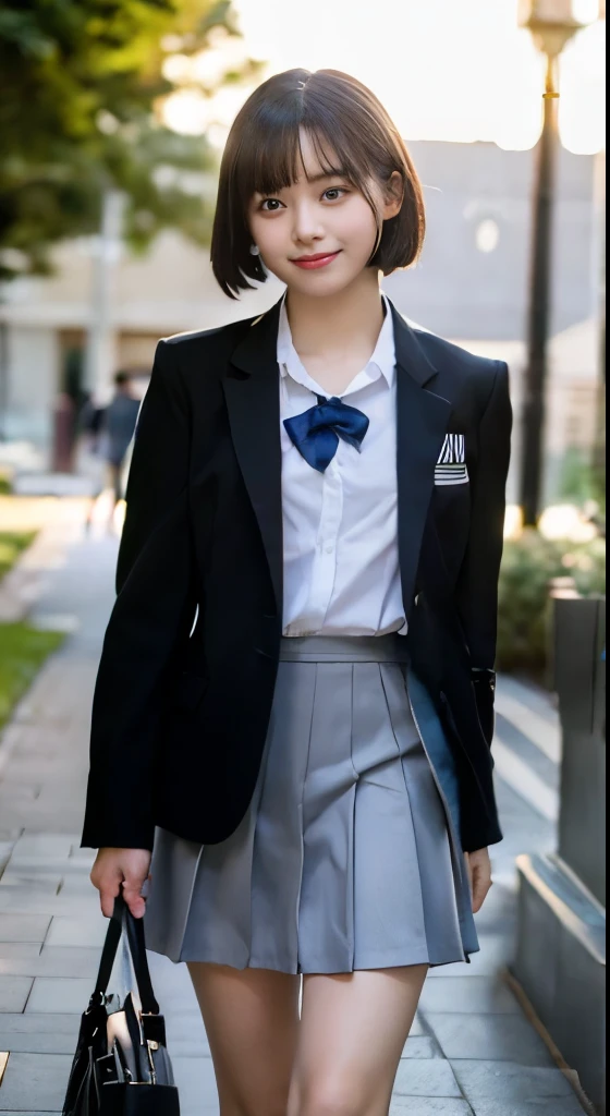 (highest quality,8K quality,masterpiece:1.3),(超A high resolution,Photoreal:1.4,Raw photo),(super detailed,caustics,detailed background),(ultra-realistic capture,Fine and beautiful skin,perfect ???????),at dusk,sunset sky,school building,schoolyard,18-year-old,cute,single eyelid,black short bob,school blazer uniform,looking at camera,laughter,bust up shot,natural soft light, full body