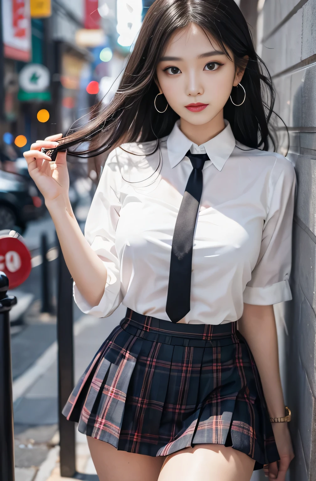 Gray eyes, Korean , Summer shirts, Ribbon Tie, skirt, Bright black hair, Chest push-down pose, Exaggerated chest posture, 8k original picture, high resolution, 16 year old Korean guy is so handsome, Round, plump breasts, Beautiful eye details, Long eyelashes, Beautiful double eyelids, Eyeshadow, Eyeliner, Slender eyes, Elongate the eye shape, Three white eyes, Evil smile, Express, Very beautiful and slender legs, Beautiful and slender thighs, random hit, hair tied behind the head, earrings,Random Location,Random Direction Photos,Random Clothing
