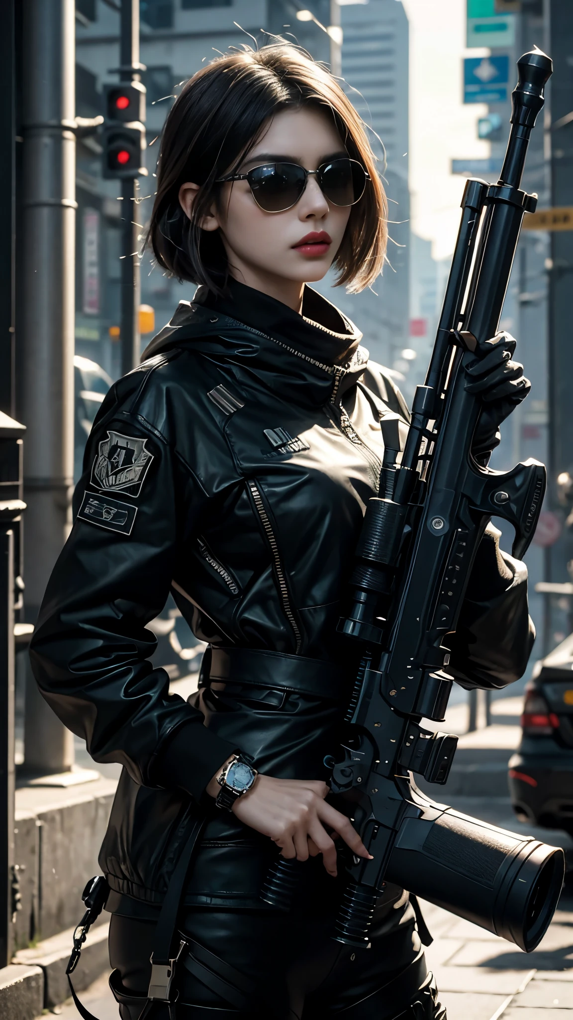 8K, UHD, masterpiece, 1 girl, detailed face, smart face, ((sunglasses)), detailed eyes, sniper rifle in hand, battleroyal, call of duty cosplay, call of duty modern warfare 3, ((ghost tribe)), belts, gun, methic gun, futuristic art, cyberpunk lihting, ultra extreme graphics, RTX 4090, ray tracing, bloom, depth of field, motion blur,