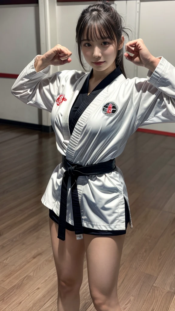 Best image quality,highest quality,masterpiece,4K,8k,highest quality,Female karate,in a karate dojo ring, Chudan Gyakutsu pose, karate, Young Japanese Woman, Japanese Girls,Karate Uniform,Black belt,Karate Tournament、whole body、Big Breasts、Uniform