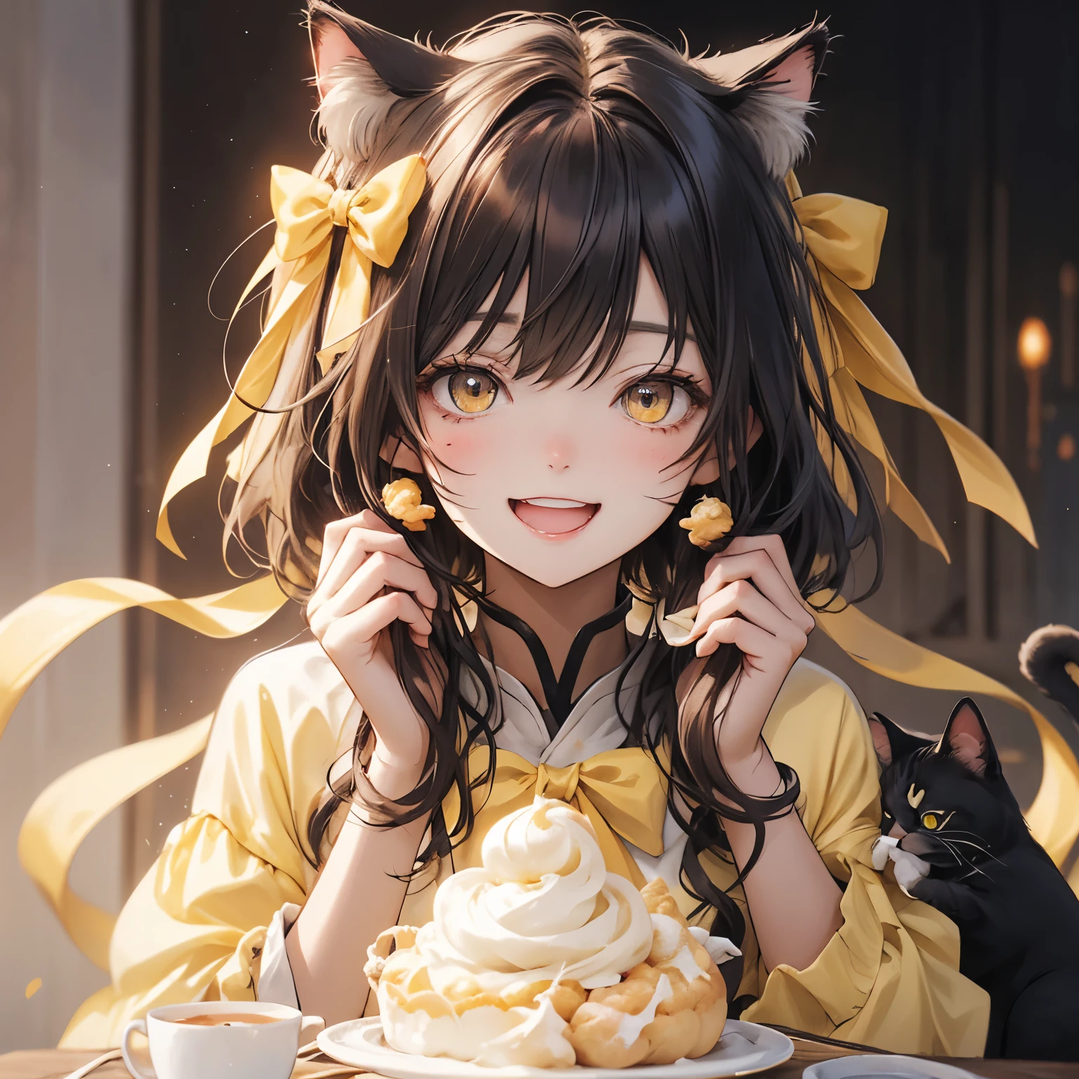 A cat wearing a cream yellow ribbon、Cream yellow color hair、Cream yellow eyes、Cream yellow clothing、Eat cream puffs、Laughing happily