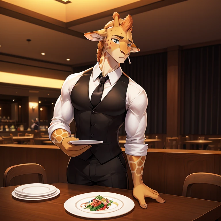 A huge giraff bodybuilder waiter wearing a shirt and a black jile and a black tie with large black pants in a restaurant going serving lonely