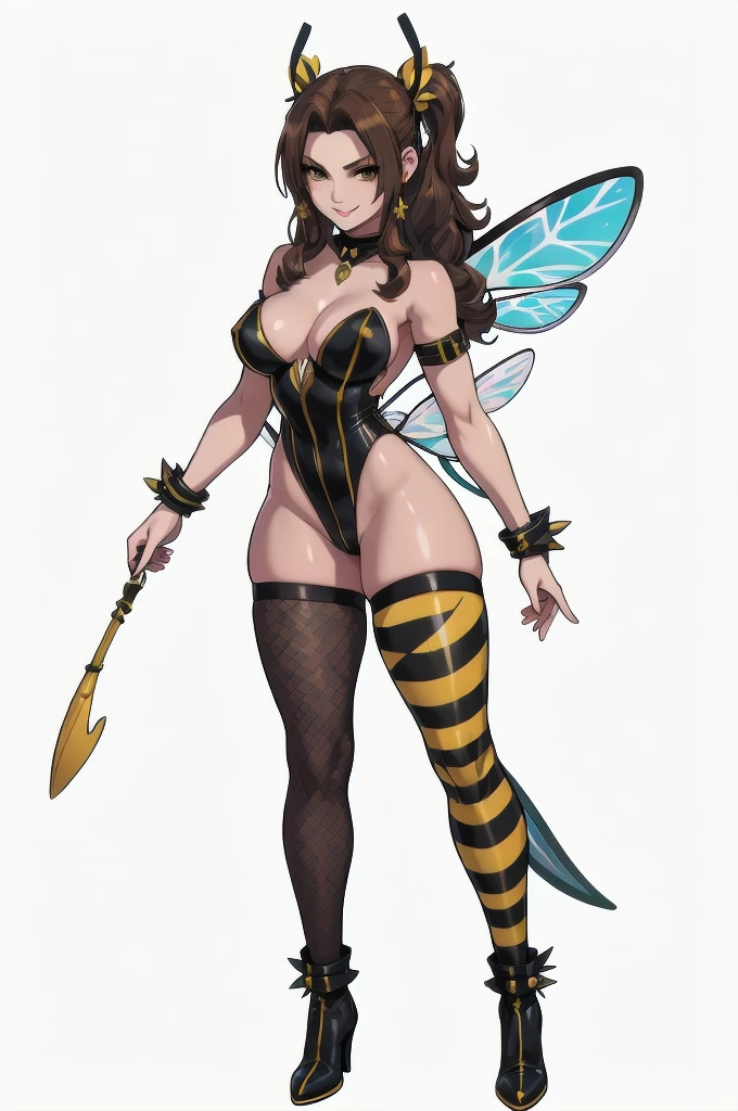 nsfw, cartoon, aerith gainsborough reimagined as a horny girl in honeybee costume frome final fantasy 7, full body, (masterpiece, best quality), beautiful face, (22yr old, beautiful girl, solo:1.1),brown_hair ,long_hair, pixiv, evil smile, sadistic, erotic lips, seductive eyes, drooping eyes, provocative expression, smirks, squint, enraptured, fascinated, scornful laughter, aroused, lovely, naughty face, half closed eyes, fearless smile, crazy smile,toned female, glamorous perfect female proportion, wide hips, extremely shiny, reflecting light, awesome metallic surface texture, cute, akiba, anime face, moe, yellow and black striped hair, wasp ornament, Yellow and black striped boots, wasp transparent wings, bee Transparent wings, wasp antennae, wasp printed, Honeycomb printed, poison needle, yellow and black striped fur, spike choker, earrings, best quality, amazing quality, very aesthetic,