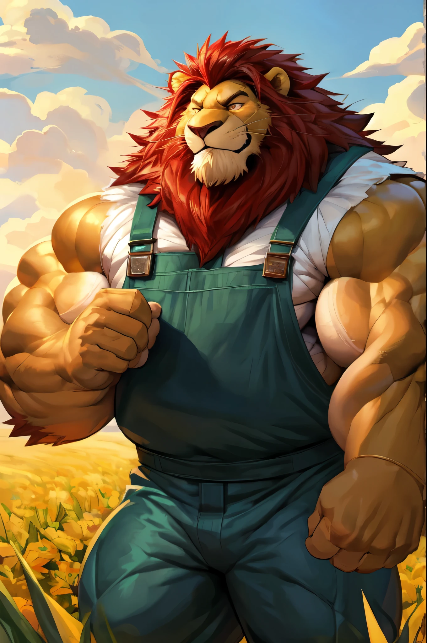 By dangpa, By daveoverlord, by kuulongarl, by takemoto, by kusunagi. In a field, a muscular lion with huge pectoral muscles stands tall. Its fur is fluffy and golden, exuding a sense of strength and power. The lion is wearing a military uniform, adding to its regal and commanding presence. The uniform is perfectly tailored, accentuating the lion's impressive physique. The lion looks out into the distance with a determined expression in its eyes, showcasing its fierce and courageous nature. The lighting casts a warm and golden glow over the lion, emphasizing its majestic appearance. The artwork is created using a combination of detailed illustrations and realistic rendering techniques, resulting in a masterpiece with ultra-detailed features. The colors are vivid and vibrant, enhancing the visual impact of the painting. Overall, the image is of the highest quality, with sharp focus and exquisite attention to detail.