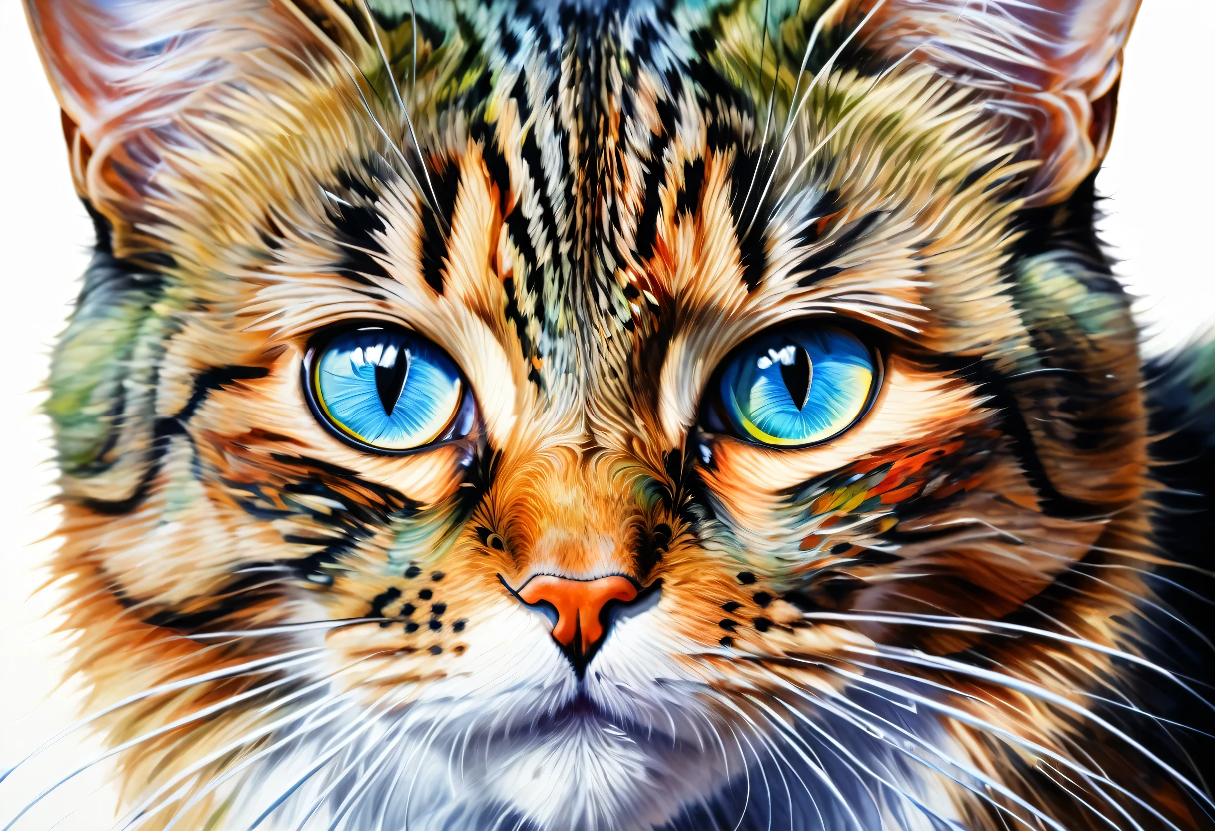 Cat Painting with a colorful face and eyes, Beautiful art uhd 4 k, Detailed painting 4k, Cat Painting, in a Cat Painting, art：Alessandro Pautasso, Vadim Kashin. Ultra-realistic, a Cat Painting, Detailed 4K painting, Beautiful art, Painted in bright watercolors