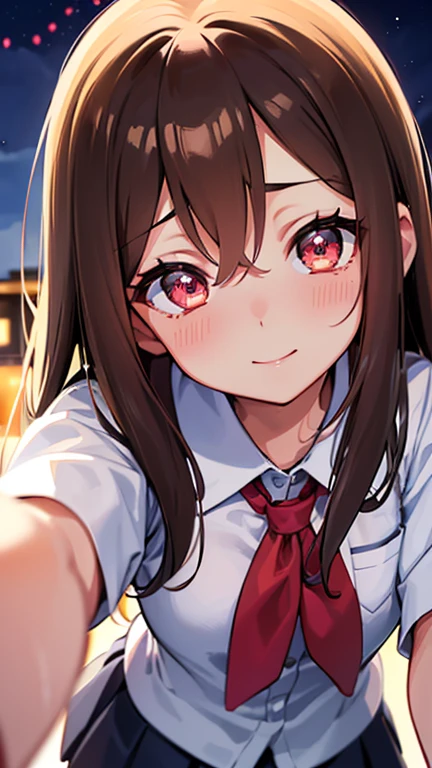 (俯瞰figure),Dynamic Angle,Super detailed, figure, close, Straight, One girl, ((Takagi-san, , uniform, Brown Hair, からかい上手のTakagi-san, Center Parting)),Her eyes shone like dream-like stars,(Glowing Eyes:1.6),(Beautiful and detailed:1.8),(Fun,Laughing,face is slanted),(Are standing), (Cultural Festival、stall), (night:1.8),dream-like