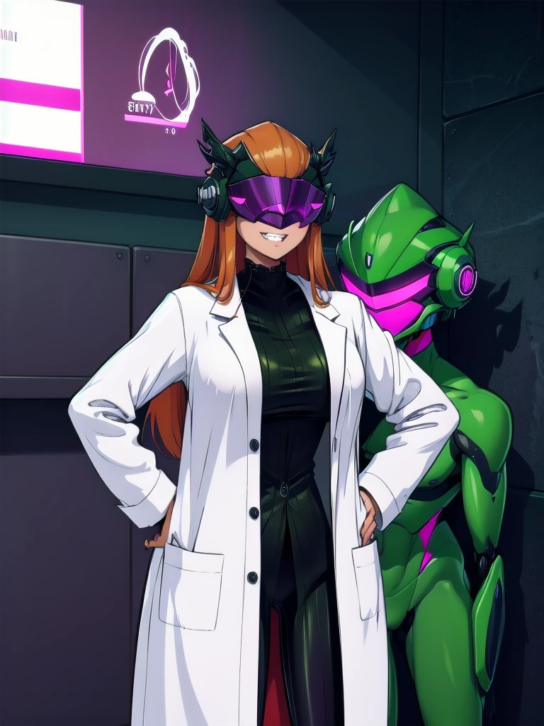 mind control Sam by spider helmet robot, ginger hair, 'I have Sam's body', successfully possessed Sam, Glowing red piercing eyes, pervy evil grin, 'this is my body now', hahahaha, satisfying looks, venus body, , wearing white laboratory coat with green spy suit underneath, hands on hip, spider helmet