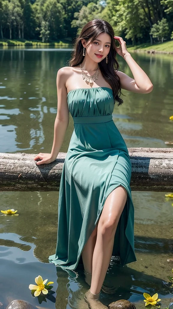 8K, ultra hd, masterpiece, very realistic, 1 girl, good face, very long hair, detailed eyes, detailed lips, super round medium breasts, Short Strapless Tulle Beads Prom Dress Green Mini Elegant 3D Flowers, ((pink,red,blue,black,green,meroon,purple,yellow colour random dress)), ((High resolution Dress Quality)), diamonds, jewellery, necklace, earring, lake, landscape, sitting, Bridge, Forest , standing in lake water , legs in water, Pine trees , Perfect body figure, Beautiful Smile, Cinematic photography, Sexy angles, Stylish poses, 4 Different poses, 64k , high resolution picture quality, very clear body figure, Flowers in hand, Flowers on Hair, walking in water, waterfalls slightly chubby