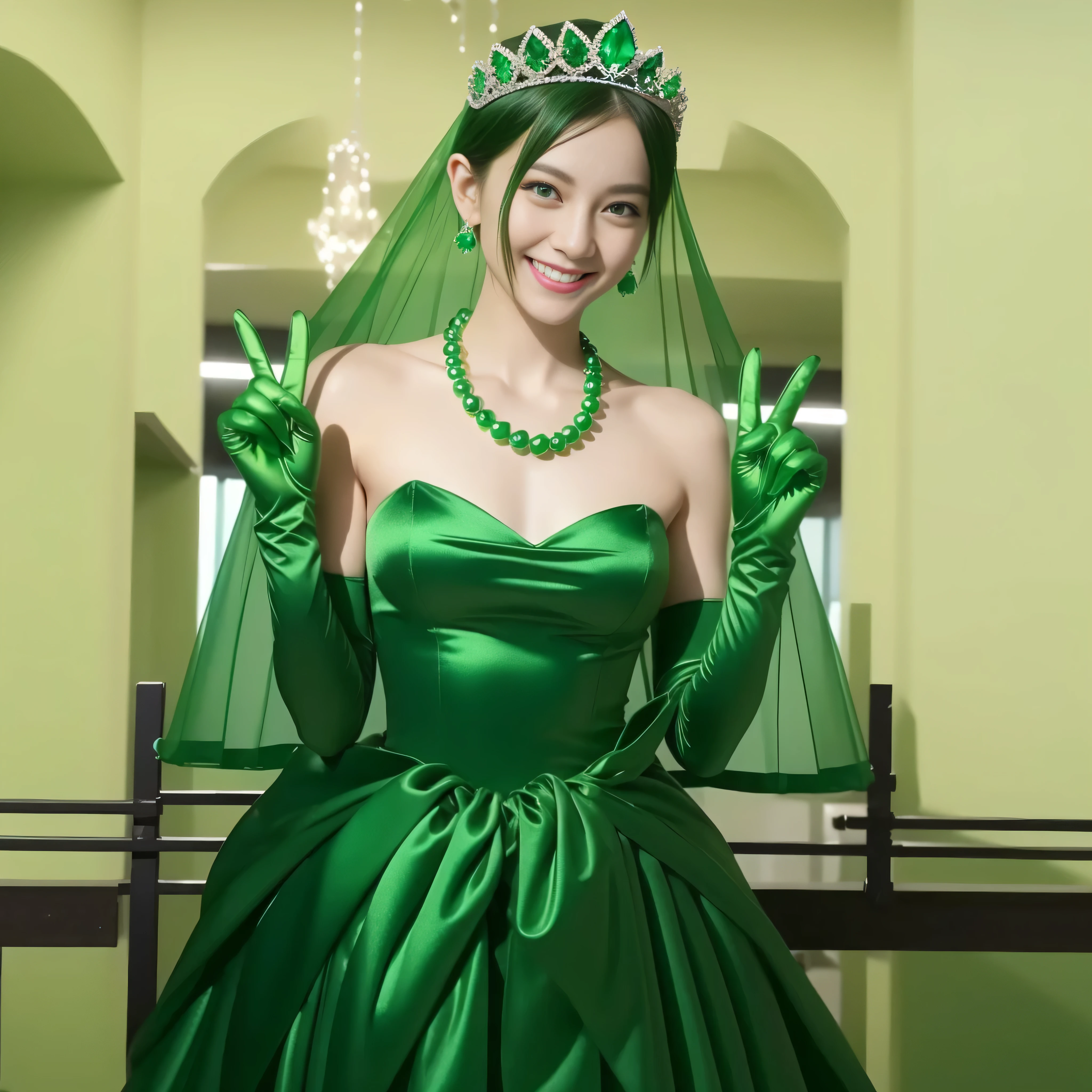 Emerald tiara, Green Pearl Necklace, Boyish very short green hair, lipstick, Smiling Japanese woman, Very short hair, Big and beautiful, Green Eyes, Long green satin gloves, Green Eyes, v sign, Emerald Earrings, Green veil