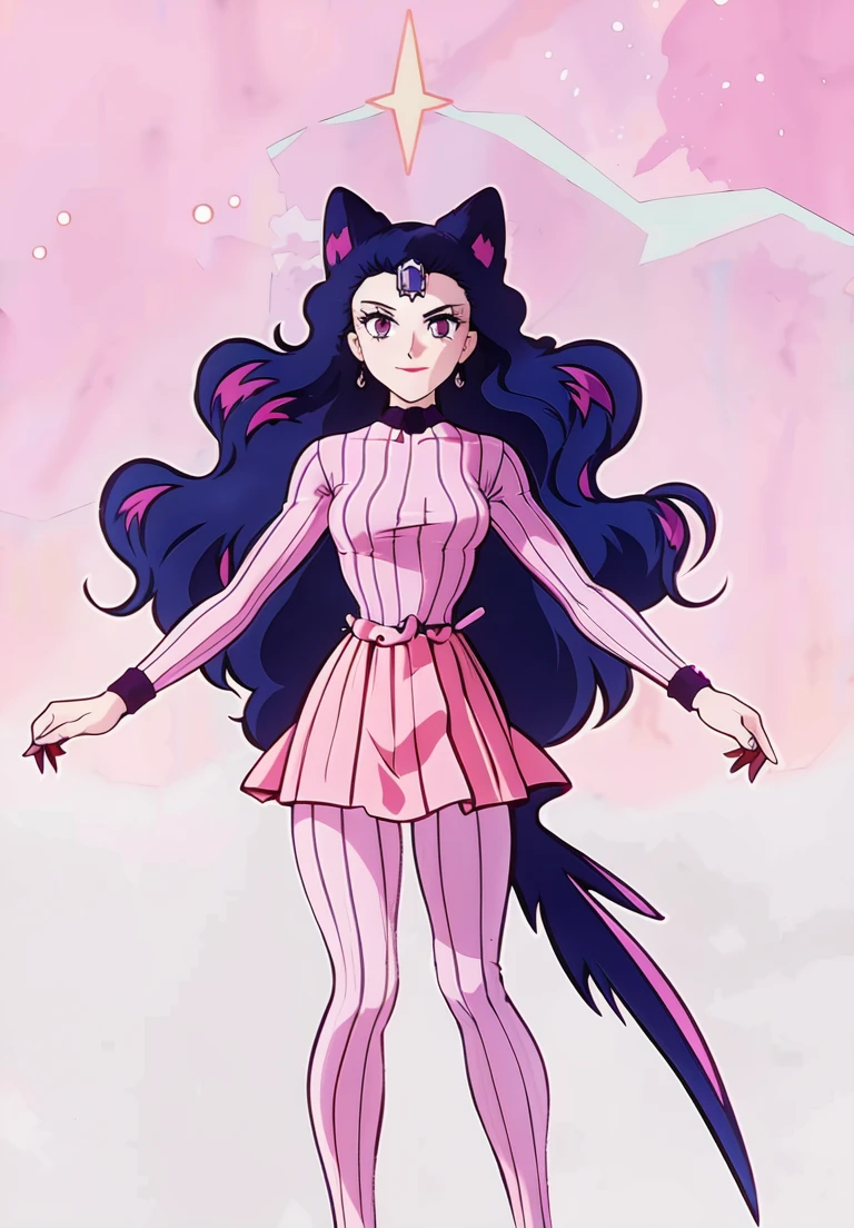Koan, smile, closed mouth, (magical, magnificent, masterpiece:1.3), full body view, pink stripe bodysuit , tights clouse,