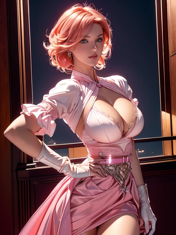 (best quality、high resolution、Ultra-realistic human expression、Delicate skin performance、 4 fingers and 1 thumb、masterpiece:1.2,)、1 girl (((Large Breasts、Low-cut,Cleavage, Wide hips,)))Long legs ,Cowboy shooting, Beautiful Nora_Valkyrie, Looking at the audience, Smile, short hair, blue eyes,heart motif, Gloves, Jacket, Pink skirt, Pink belt, Short sleeve, Puff sleeves, Single armband, fingerless Gloves, Orange Hair, pink Gloves, Dynamic poses, night, outdoor, City, (Volumetric Lighting), best quality, masterpiece, Intricate details, Tone Mapping, Clear focus, Very detailed, Popular content on ArtStation,