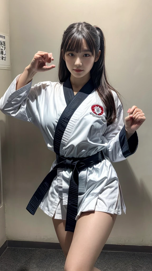 Best image quality,highest quality,masterpiece,4K,8k,highest quality,Female karate,in a karate dojo ring,  Chudan Gyakutsu pose, karate, Young Japanese Woman, Japanese Girls,Karate Uniform,Black belt,Karate Tournament、whole body、Big Breasts、Uniform