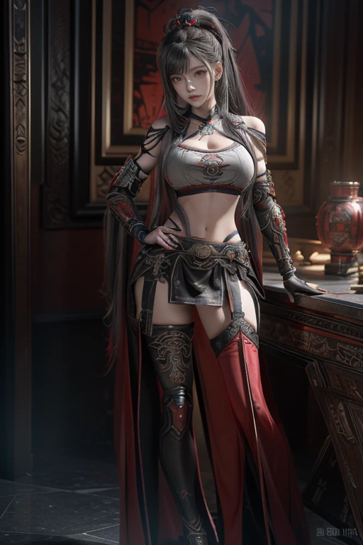 masterpiece,Game Art,Best picture quality,Maximum resolution,8k,(portrait),Unreal Engine 5 rendering works,(Digital Photography),((full-body shot)), 20 year old girl,Short hair details,Long bangs,(The red eye makeup is carefully applied),(With long gray hair:1.4),(Large target, plump breasts),Elegance and nobility,Brave and charming, (The future armor combines the characteristics of Chinese armor,hollow-carved design,Power Armor,Mysterious oriental runes,Exquisite clothing patterns,Magic Flash),Future Warrior,Cyberpunk Characters,War Background, light，Ray Tracing，Game CG，((3D Unreal Engine))，OC rendering reflection mode