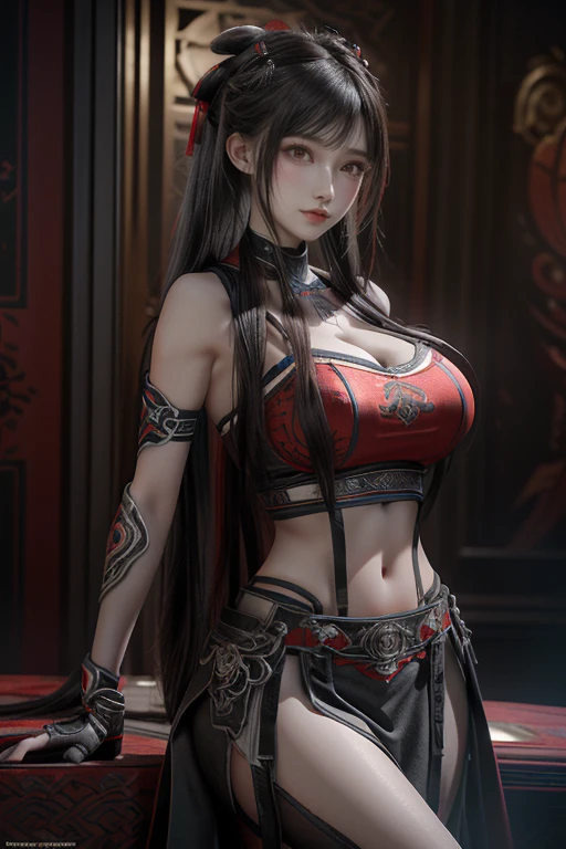 masterpiece,Game Art,Best picture quality,Maximum resolution,8K,(portrait),Unreal Engine 5 rendering works,(Digital Photography),((portrait Feature:1.5)),
20 year old girl,Short hair details,Long bangs,(The red eye makeup is carefully applied),(has long gray hair:1.4),(Large target, Full breasts) (((Large Breasts、Low-cut,Cleavage, Wide hips,)))(Long legs) ,Elegance and nobility,Brave and charming,
(The future armor combines the characteristics of Chinese armor,hollow-carved design,Power Armor,Mysterious oriental runes,Exquisite clothing patterns,Magic Flash),Future Warrior,Cyberpunk Characters,War Background,
light,Ray Tracing,Game CG,((3D Unreal Engine)),OC rendering reflection mode