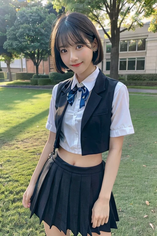 (highest quality,8K quality,masterpiece:1.3),(超A high resolution,Photoreal:1.4,Raw photo),(super detailed,caustics,detailed background),(ultra-realistic capture,Fine and beautiful skin,perfect anatomy),at dusk,sunset sky,school building,schoolyard,18-year-old,cute,single eyelid,black short bob,school blazer uniform,looking at camera,laughter,bust up shot,natural soft light, full body, Navel exposed, detailed body