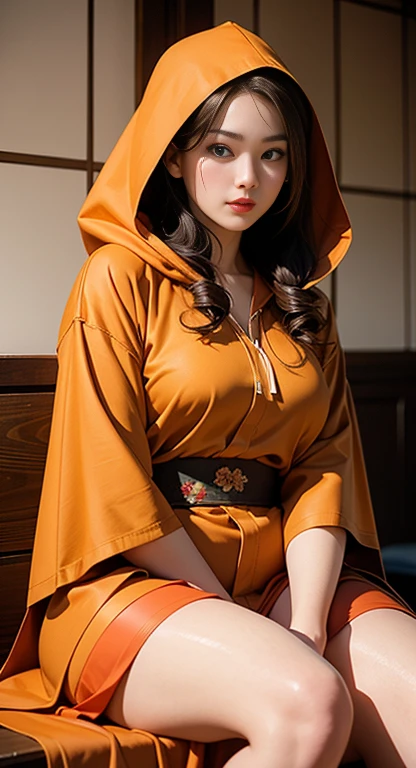 A woman is sitting，With the longest brown hair, bbw sauce, Tick, Brown bandana, Brown Hair Model, Korean Girl, korean woman, wearing brown robe, full length shot, Seductive Model, Japanese Goddess, Wear clothes with a hood, sexy and exciting, Portrait shoot, curve model, sexy body, wonderful,  Tanaka&#39;s body , bbw sauce, The overall atmosphere is stable , Memorable illustrations, Extremely high-resolution details, photography, Realism is pushed to the extreme, fine texture, 4k, Extremely detailed, high quality, High contrast, Red sneakers , Cold atmosphere ,, Cold atmosphere ,, ((Detailed texture of tattooed skin)), (((Large Breasts、Low-cut，Cleavage, Wide hips,)))(Long legs) Tattoo round breasts, irezumi Tattoo風格, Tattoo on the chest, Tattoo, Showing her thighs , Thigh tattoo, a close up of a woman with Tattoo on her body, Ink, tattooed body, fully tattooed body, tattooed, full-body Tattoo, full - body Tattoo, , Full body tattoo, with Tattoo, , Tattoo, Tattoo all over the skin, Tattoo and piercings, ((let: 0.45)) Lola, {{Big Brother&#39;s Tattoo Woman Iremuzi Tattoo Style V1.0: 0.91}},, ((Bohemia AI v1.0 : 0.45))