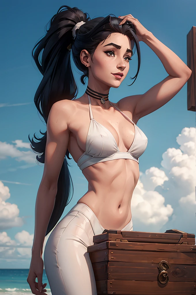 very pale ariana grande smiling, jovem mulher de 30 anos, tamanho menor do peito, topless, cabelo preto longo e liso, franja de cabelo, single long ponytail, rosto de enquadramento de cabelo, Olhos azuis claros, cinematic natural light, organic dust particles in light, sensual, 4k, look to the camera, roupa de baixo, rosto altamente detalhado, close do rosto, in a white bikini
