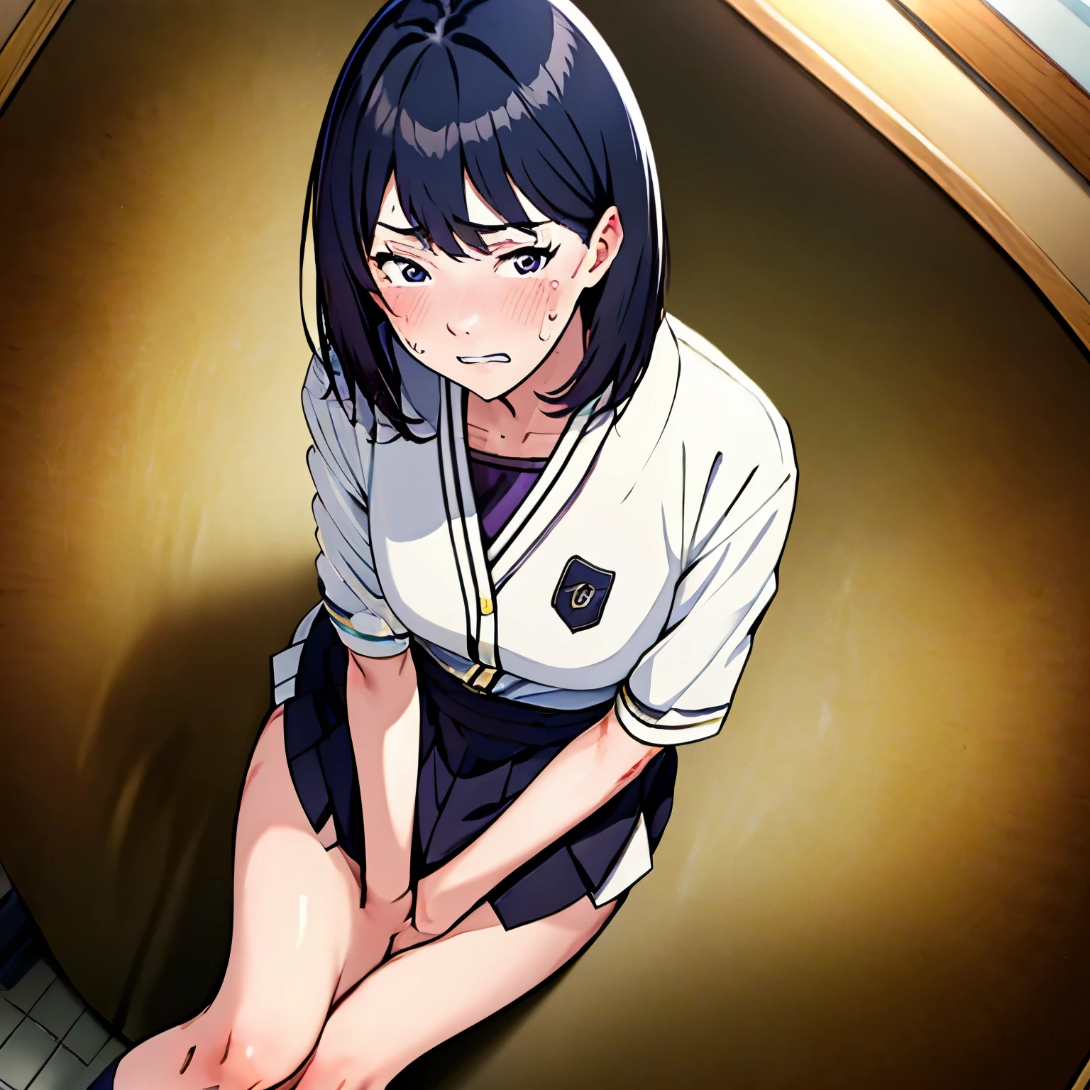 ((omorashi)), ((peeingself)), ((pee)), hands on crotch, (8k), (masterpiece), (best quality), (high resolution), (ultra-detailed), ((8k cg wallpaper)), ((extremely delicate and beautiful)), ((illustration)), ((tsurime)), glaring, angry, clenched teeth, slender body, pale skin, gleaming skin, ((slender face)), large breasts, glamorous, covering breasts, covering crotch, have to pee, peeing self, omorashi, Shizune, short hair, black hair, black eyes, black kimono, white trim, light purple obi, smile, collarbone, mesh shirt