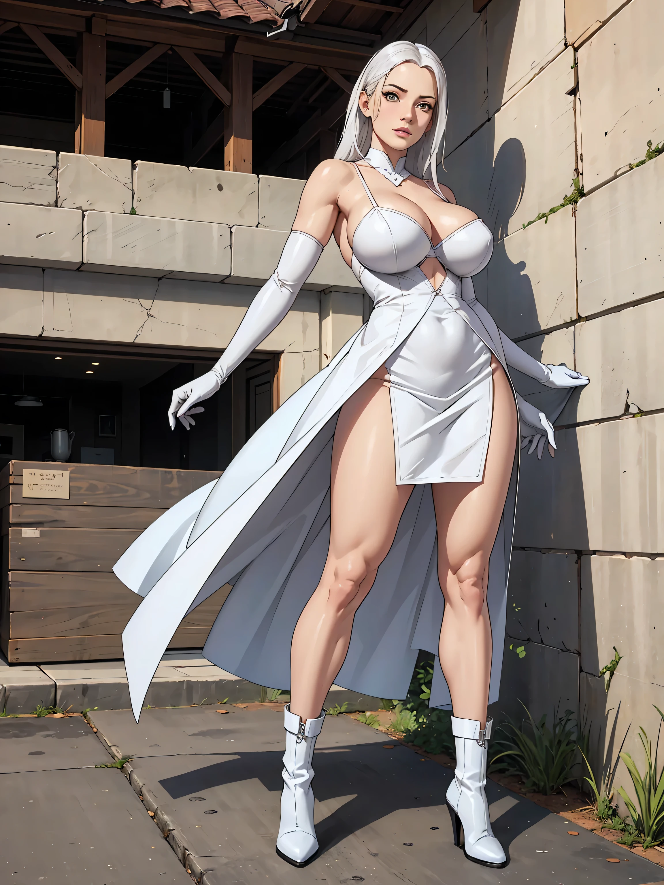 Full body, realistic, (1 beautiful woman, solo: 1.1), big breasts, white hair, white dress, white elbow gloves, white high heel boots