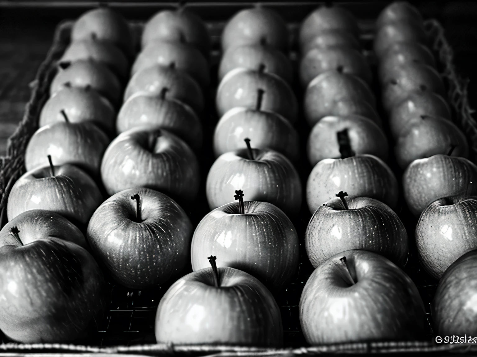 black-and-white photograph, Close-up of apples stacked on table