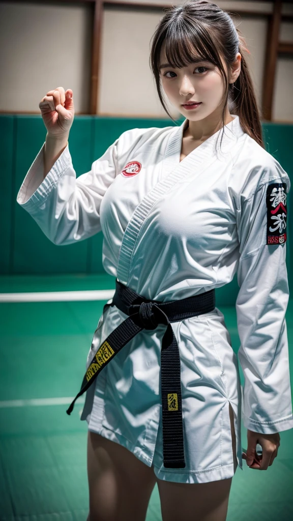Best image quality,highest quality,masterpiece,4K,8k,highest quality,Female karate,in a karate dojo ring, Chudan Gyakutsu pose, karate, Young Japanese Woman, Japanese Girls,Karate Uniform,Black belt,Karate Tournament、whole body、Big Breasts、Uniform