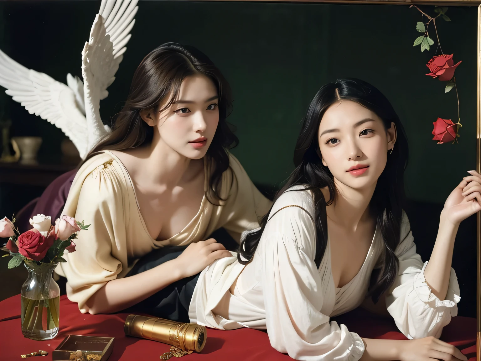 Female angel with two white wing,full body portrait or statue、Sandro Botticelli painting style,Arguments of two female Philosophe,math、astronomical machine、astronaut、roses in vase、fruits、Cute trinkets、smile、ancient greek costume、Ancient Roman landscape in the style of Nicolas Poussin,laughter,,Sweet and seductive appearance.、Caravaggio's paintings、Chiaroscuro of Caravaggio、hair tousled by the wind,Two women frolicking,cute smile, expression of ecstasy,Sexy,erotic