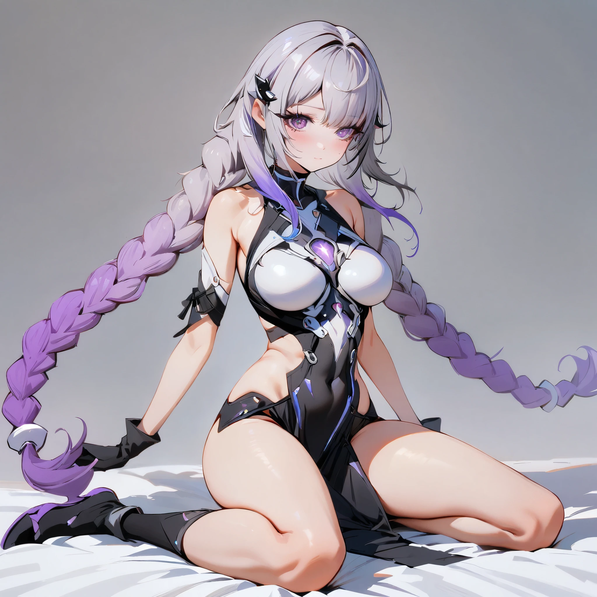 (masterpiece, best quality:1.2), 1girl, solo,sit,Black and white metallic hair accessories,blue-purple gradient hair tips,purple hair,twin braids,fullbody,anatomical correct:2,yinji