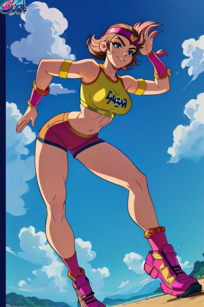 safe for work,(perfect composition),imagined a girl in extreme sport outfit playing to a flying disc game in a beach arena game sport, masterpiece, ultra-detailed, 80's anime (style), 2D, megapixel, perfectionism, full HD , 4K, (windjammers), windjammers sport game, windjammers 2 (((((solo mature anime woman,)))))++++++++++++++++++, looking at viewer, full body, brown hair and pink hair, short hair, weird hair, smile, lips, eyelashes, medium breasts, gym uniform, uniform, gym shorts, headband, sports bra, elbow pad, knee pad, extreme sports outfit 80's theme, beach background, playing flying disc game on a beach court game, sea, sun in the sky, sports wear