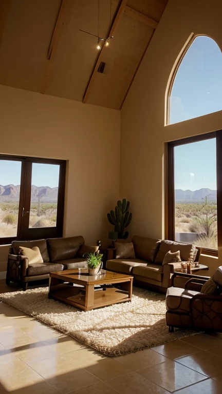 A spacious living room with high ceilings and a large, panoramic window offering views of the vast, sunlit desert landscape. The room is furnished with modern, plush sofas and chairs in warm, earthy colors, arranged around a low, minimalist coffee table. The decor includes desert-inspired elements such as cacti, succulents, and natural stone features. The warm sunlight streams in through the large window, casting a golden hue over the room and creating a peaceful, inviting retreat.