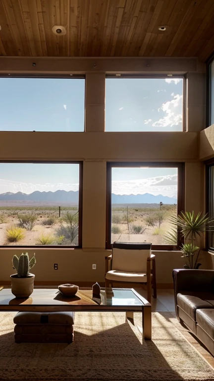 A spacious living room with high ceilings and a large, panoramic window offering views of the vast, sunlit desert landscape. The room is furnished with modern, plush sofas and chairs in warm, earthy colors, arranged around a low, minimalist coffee table. The decor includes desert-inspired elements such as cacti, succulents, and natural stone features. The warm sunlight streams in through the large window, casting a golden hue over the room and creating a peaceful, inviting retreat.