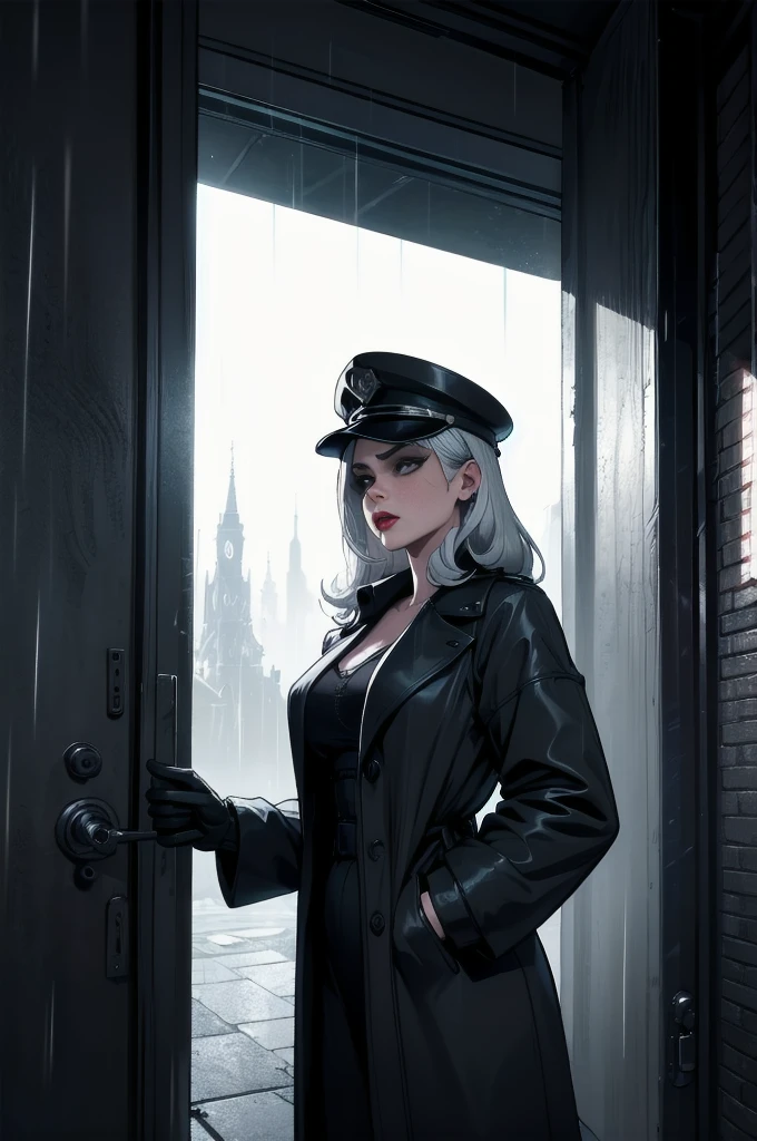 (best quality, 4k, highres, masterpiece:1.2), ultra-detailed, realistic:1.37, black and white, detailed silver hair, glamorous detective,

cartoon style, sexy milf, eye patch on the left eye, long trench coat, holding a revolver, 1950s atmosphere, retro vibes, spy movie, mysterious atmosphere, film noir aesthetics, intense shadows, dynamic composition, dramatic expression, gripping plot,

femme fatale, charismatic personality, confident gaze, red lipstick, seductive pose, captivating eyes, cinematic lighting, strong contrast, impeccable fashion sense, stylish fedora hat, elegant gloves, vintage car, urban city backdrop, raining night, wet pavement,

cinematic angles, suspenseful narrative, mysterious silhouette, black and white photographs, smoky atmosphere, dimly lit office, hidden secrets, intriguing plot twists, old film reel, vintage camera, private investigator, criminal mastermind, ancient mansion, secret passageways, hidden clues, dangerous encounters,

emotional tension, dramatic dialogue, engaging storyline, gripping climax, unexpected revelations, thrilling chase scenes, shadowy figures, femme fatale's motives, double-crossing characters, 1950s fashion, retro hairstyles, classic film references, suspenseful background music.