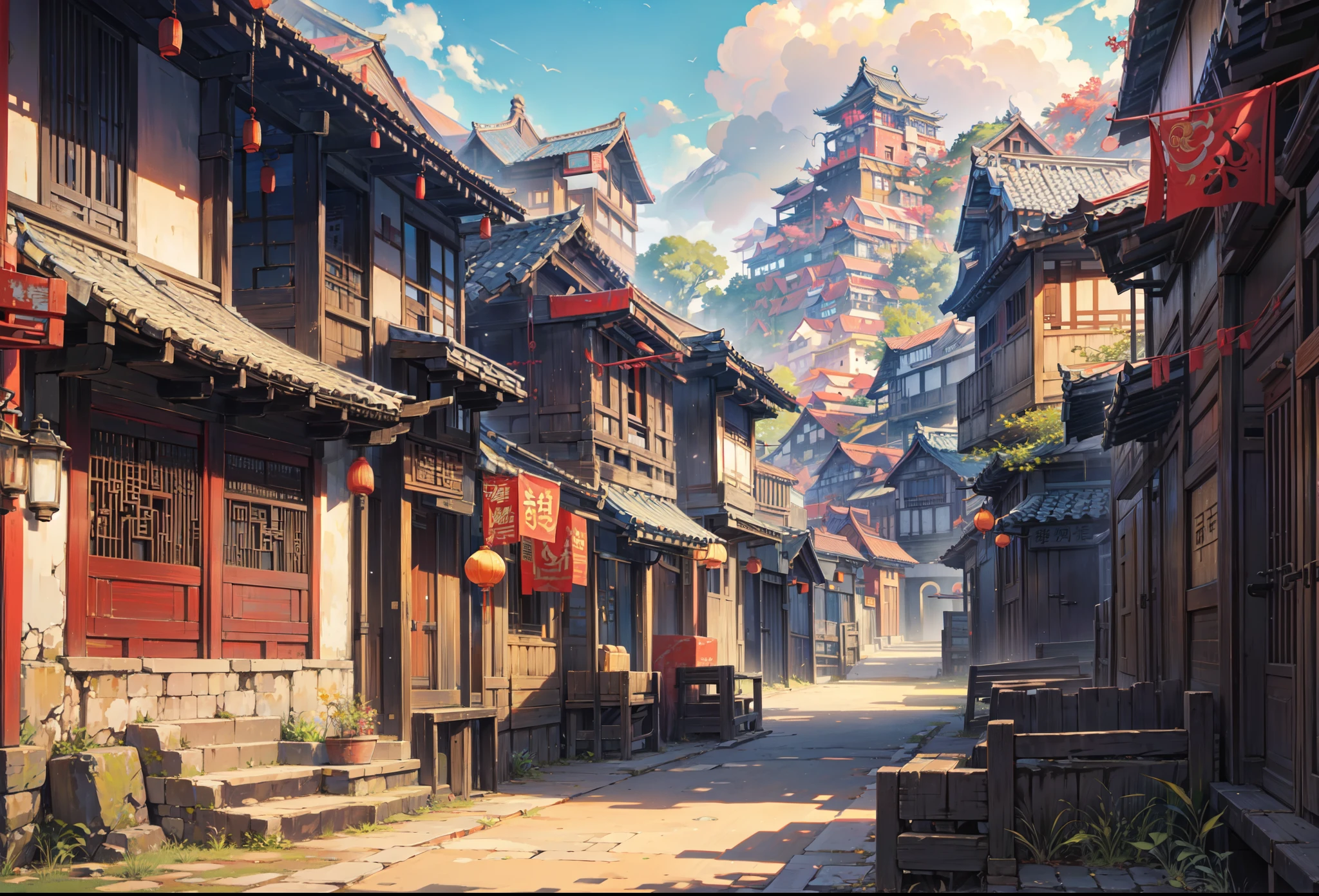 Old ancient chinese town, bright ancient chinese town, beautiful scene, scenery, ancient town, ancient time set, bright color palette, beautiful houses, scene, bright sky, nice enviroment, background, beautiful scene, day time, blue sky, bright sun, ground