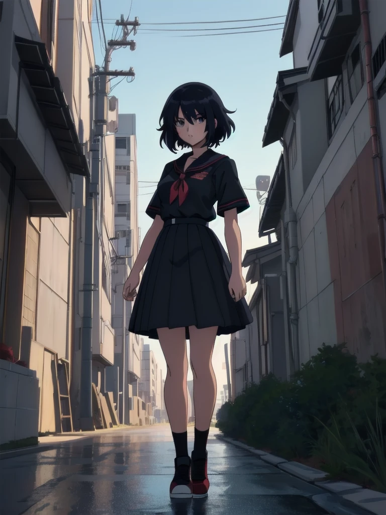 (perfect composition), (high resolution, masterpiece, ultra best quality, ultra HD, 4k,HD, high detailed ),anime character Sukeban delinquent girl  standing on a city street corner in black seifuku with black very long skirt, anime style. 8k, anime style mixed with fujifilm, retro anime girl, anime styled digital art, in tokyo, anime style illustration, anime style 4 k, anime style artwork, anime poster film still portrait, tokyo anime scene, modern anime style, anime style digital art, short hair, 26year old, red converse,