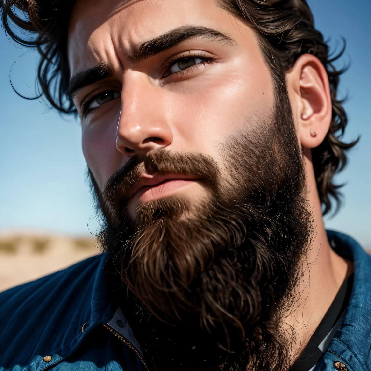 Photo of a pensive, bearded man, ultra-realistic, (best quality: 1.2), 4K, 8K, high resolution, masterpiece. Detailed facial features show expressive eyes and lips, a man with dark hair and an intense gaze, captured in a thoughtful, profile view. Intense lighting creates subtle shadows, enhancing the man's serious expression. Vibrant colors and sharp focus bring the image to life, while realistic texture and a highly detailed background contribute to the serene atmosphere at the horizon.