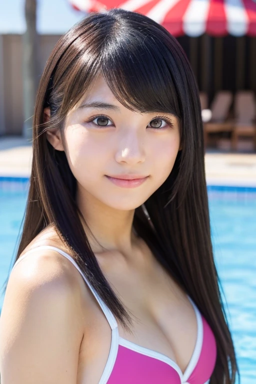 A 20-year-old Japanese woman in a swimsuit with an idol-like appearance