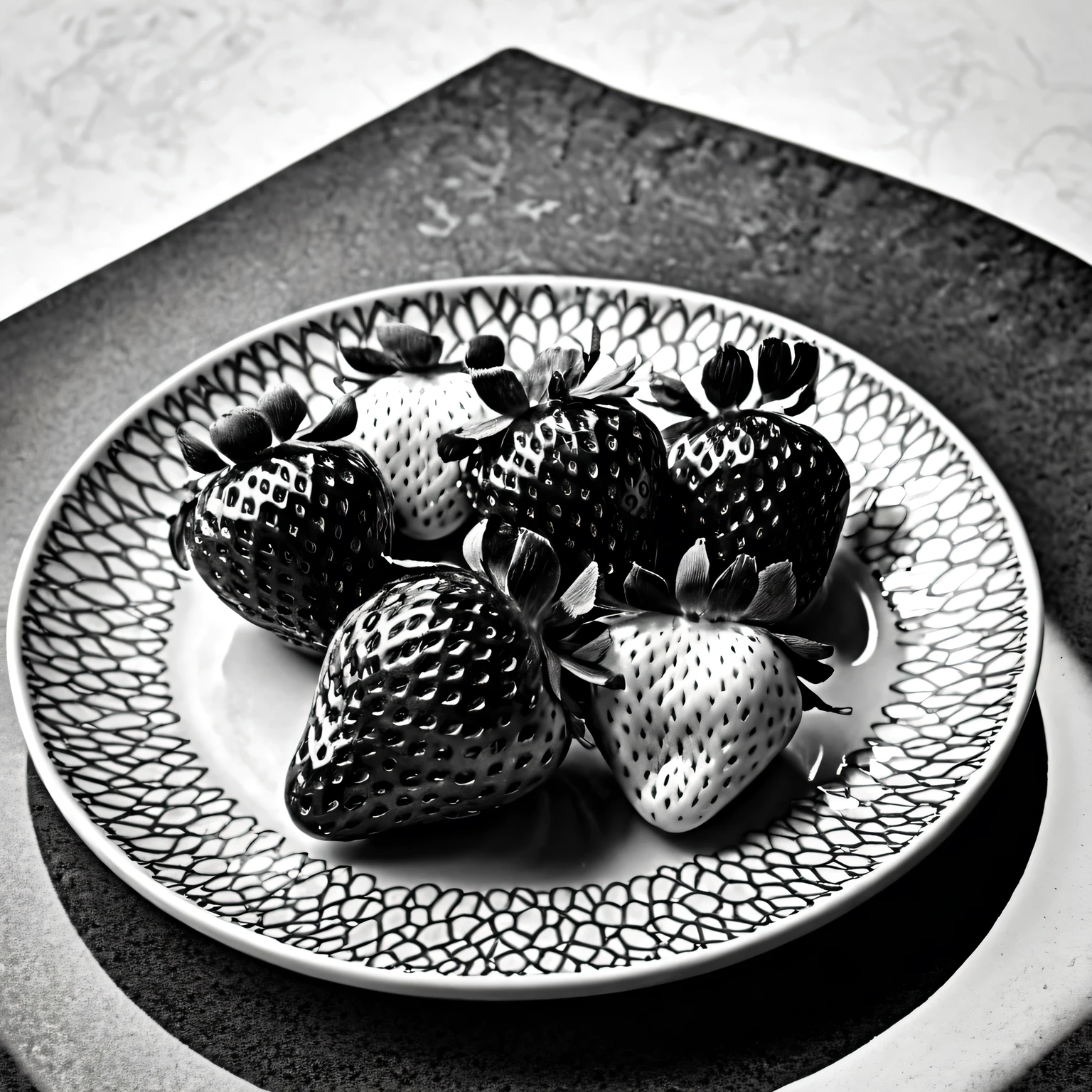 black-and-white photograph, Strawberries on a plate, detailed strawberries., Natural light from left, stunning contrast.