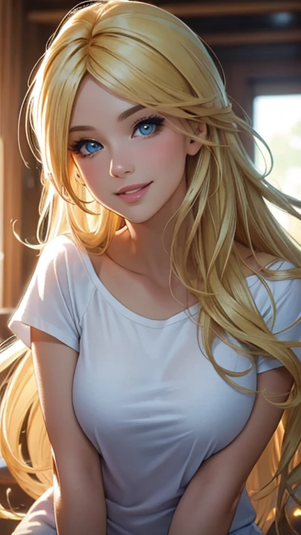(best quality,ultra-detailed,photo-realistic:1.37),bright and vibrant colors,studio lighting,playful expression,stylish makeup,long blonde hair flowing in the wind,alluring eyes,glossy lips,sexy pose, T-shirts, library, smiling in a confident and seductive way,posing for a professional photoshoot,shallow depth of field,highlighting the main subject,soft natural lighting,creating a dreamy and magical atmosphere.