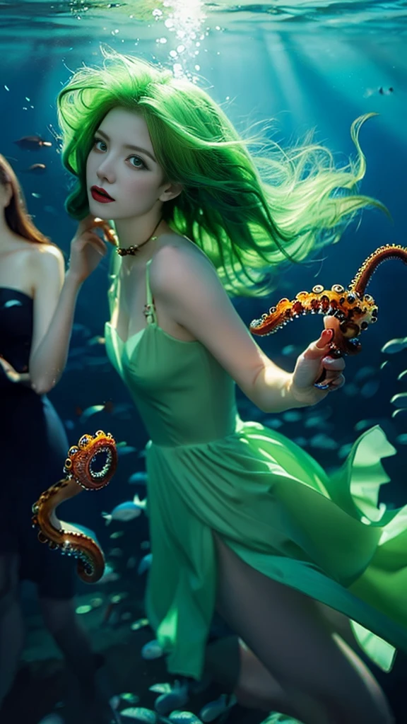 Sea witch painting, Long Green Hair, evil, evilдей, She is coming to you, close, Dark Sea,( Underwater:1.1), lightning, Bright Eyes, Wear a seaweed dress, Tentacles, octopus, (close:1.3)