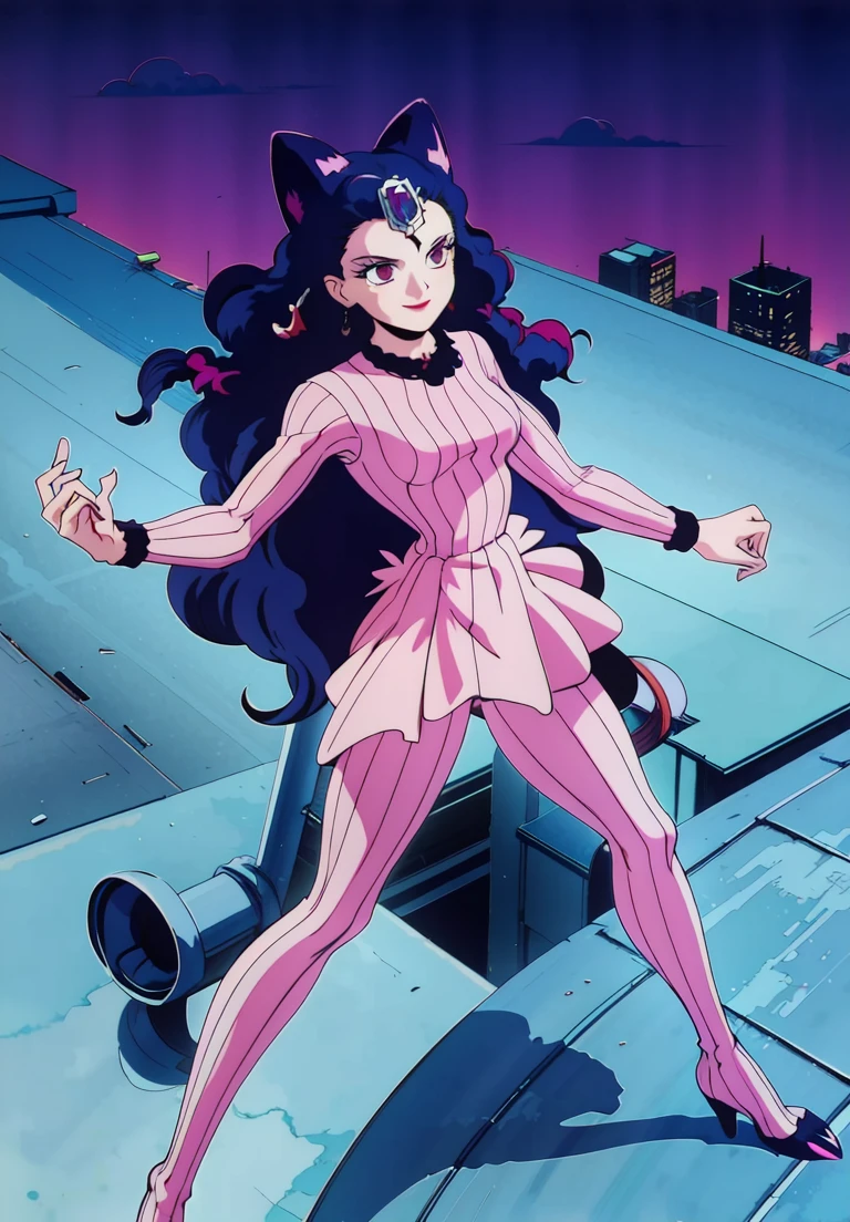 Koan, smile, closed mouth, dark moon on forehead , (magical, magnificent, masterpiece:1.3), full body view, pink stripe bodysuit , tights clouse, rooftop background 