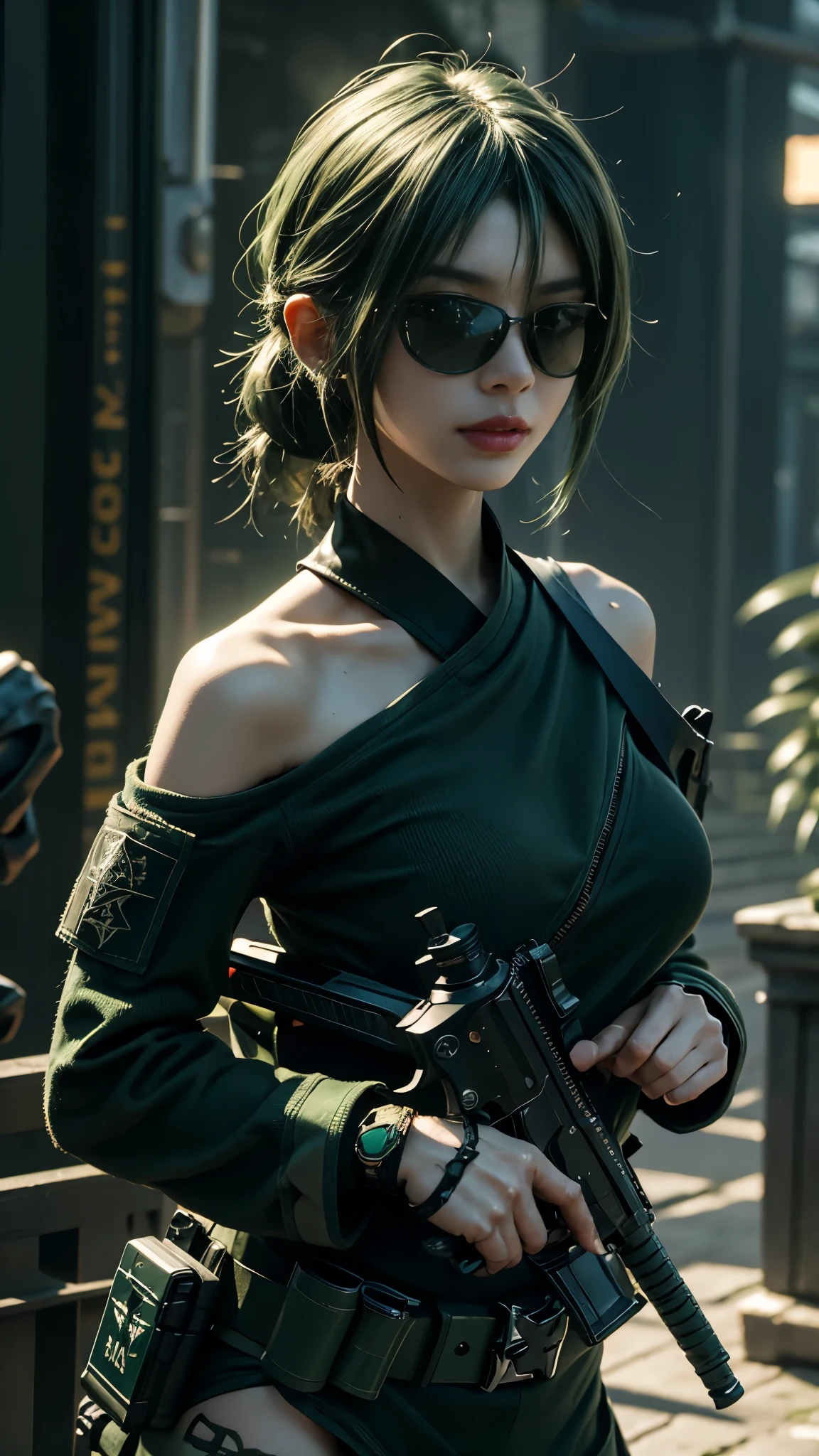 8K, UHD, masterpiece, 1 girl, detailed face, smart face, ((sunglasses)), detailed eyes, sniper rifle in hand, battleroyal, call of duty cosplay, call of duty modern warfare 3, ((ghost tribe)), ((green cosplay:1.5)), ((bare shoulder)), belts, gun, methic gun, futuristic art, cyberpunk lihting, ultra extreme graphics, RTX 4090, ray tracing, bloom, depth of field, motion blur,