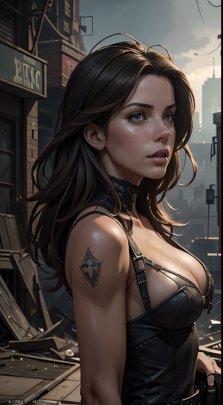 Foto hiperrealista en primer plano de Kate Beckinsale, masterpiece, best quality, (photorealistic:1.4), Create dystopian masterpieces. Depict the cityscape in the gritty style of the game's concept art. This work should evoke a sense of abandonment and despair in a futuristic, post-apocalyptic world. Notice the intricacies of detail, the sharp focus.