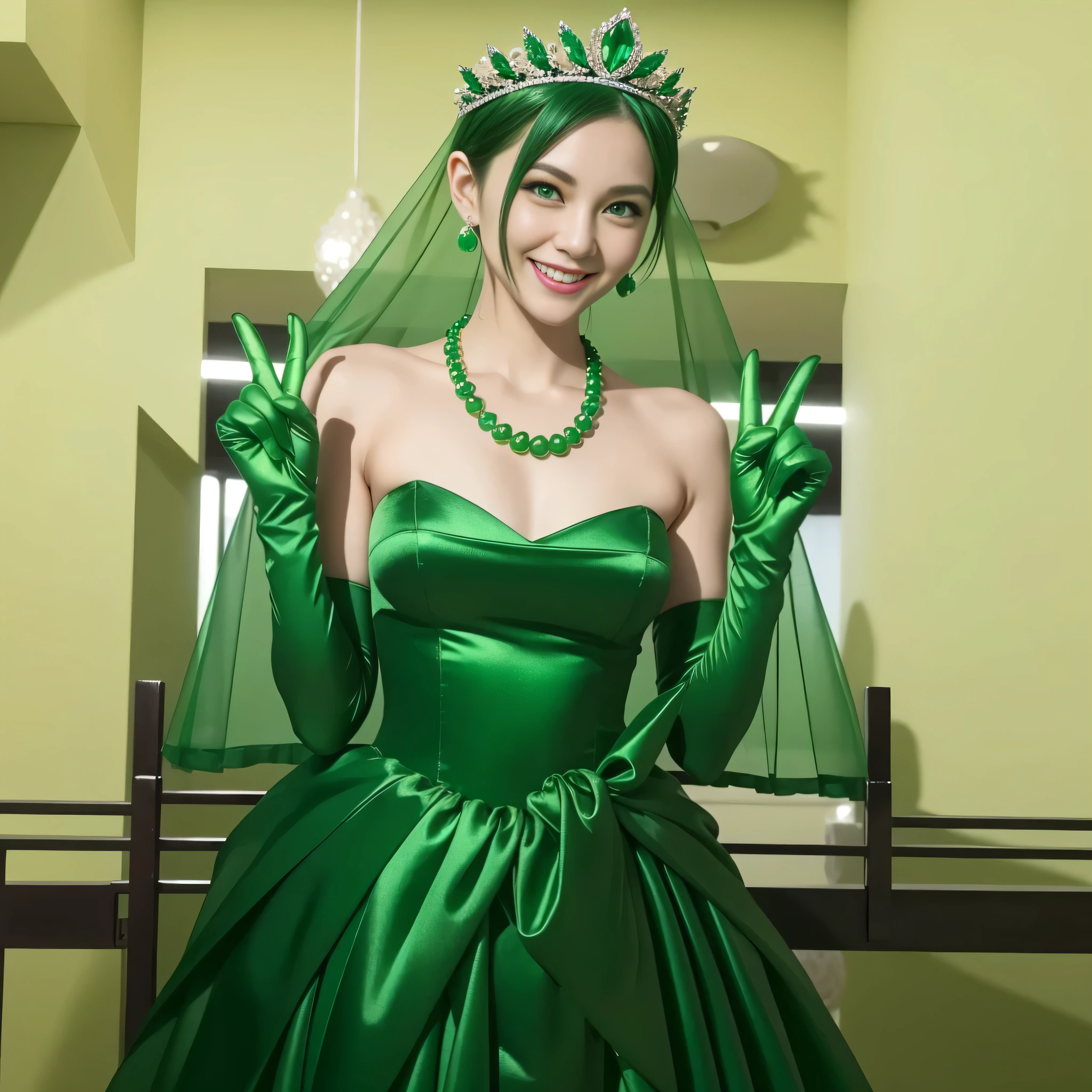 Emerald tiara, Green Pearl Necklace, Boyish very short green hair, lipstick, Smiling Japanese woman, Very short hair, Big and beautiful, Green Eyes, Long green satin gloves, Green Eyes, v sign, Emerald Earrings, Green veil