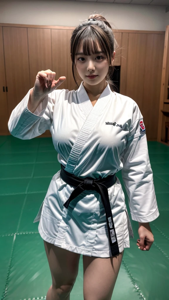 Best image quality,highest quality,masterpiece,4K,8k,highest quality,Female karate,in a karate dojo ring,  Chudan Gyakutsu pose, karate, Young Japanese Woman, Japanese Girls,Karate Uniform,Black belt,Karate Tournament、whole body、Big Breasts、Uniform