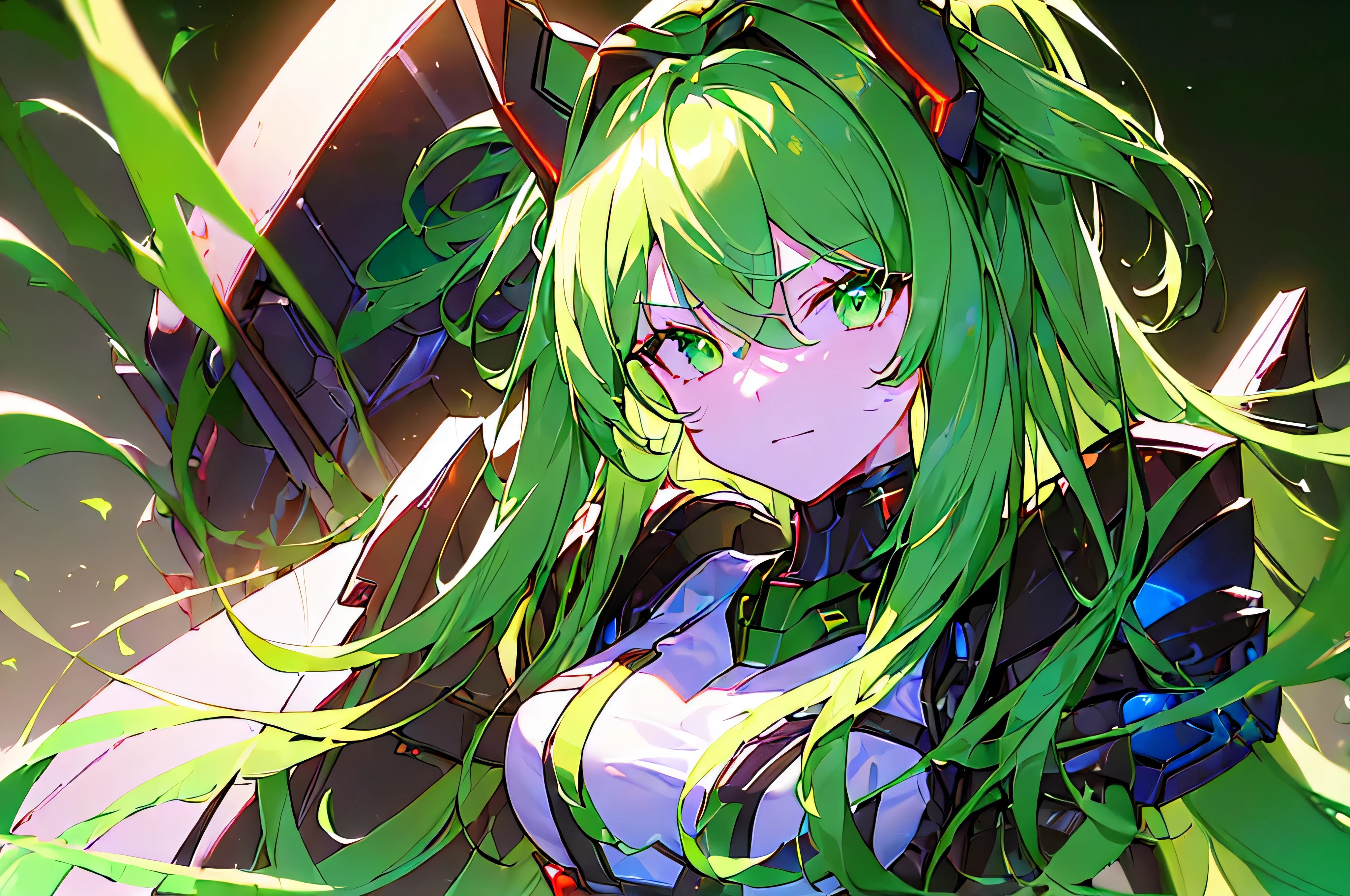 [(BLACK BACKGROUND:1.5)], (((masterpiece))), ((upper body)), 1girl, solo, Green hair, long hair, Green eyes, (slant eyes), science fiction, (mecha musume:1.5), headgear, doragon mechanical wings and tails, ((mechanical Black dragon Armor)), Evil smile face, ((neon light green)), Anime style
