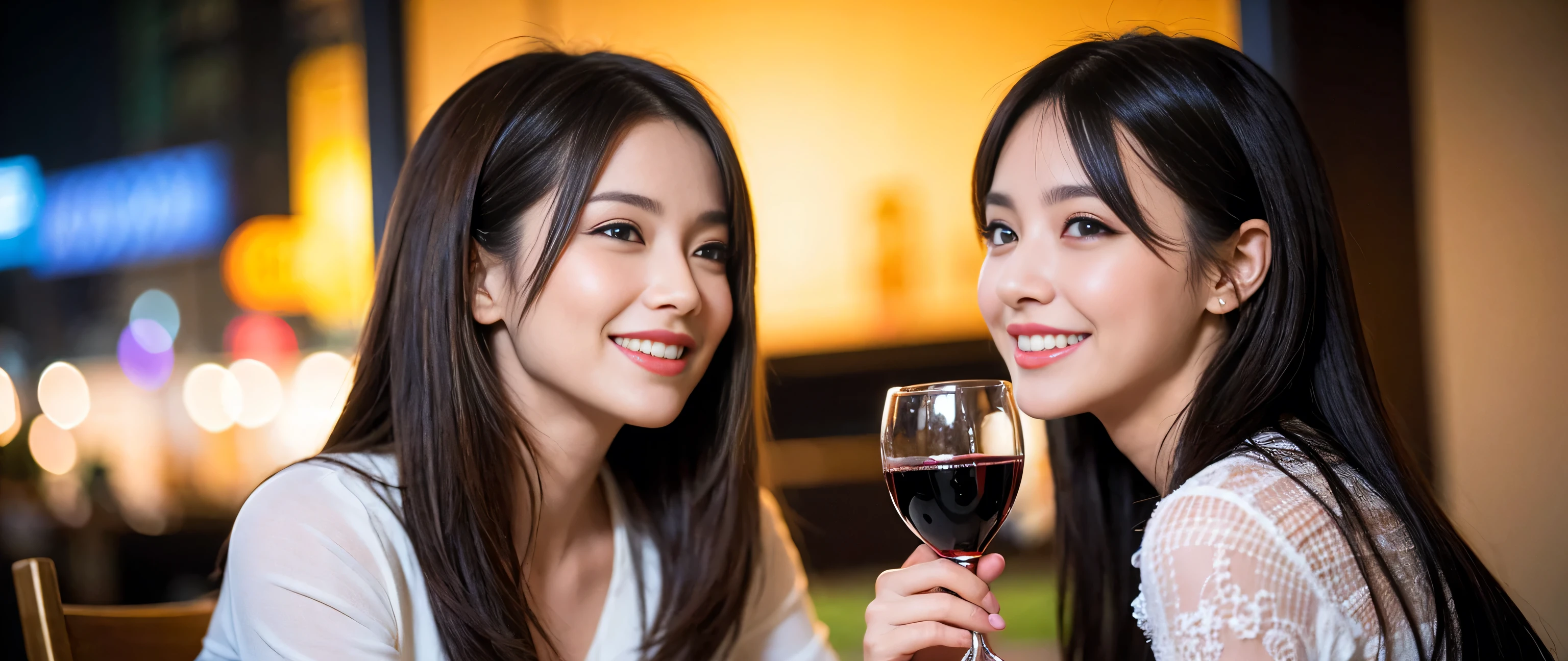 ((highest quality、8k、masterpiece:1.3))、1 male 1 female、Couple、lover、Couple、Slim body、((Bob Hale、Straight hair:1.2)), (Realistic, Intricate details:1.2), Wine glass on the table、Put the light on your face、 Amazing view of the sunset sky and clouds、Amazing mountain views、A bright smile、The wonderfulness of smile、Bright image、The beauty of wine, Beautiful Face, blue eyes, The light shines on your face, Blushing, short hair,Bright Face、 (Age 37), 39 years old, red wine 、Appetizers、Italian food、Wine bottle、Champagne、sparkling wine、Two beauties、Brown Hair、Shortcuts、Long sleeve shirt、dress、Pretty Woman 1, (Slim face), (The body is slim), (Brown Hair), (Shortcuts), cheeks turn a little red,Attractive beauty、restaurant, In a prominent place (From the waist up) Nova Frog Style, actress, model, Upper Body, White wine, slim, wine glass, A wine glass placed in the middle, smile, (smile: 1.15), Beautiful fine grain, Depth f/2,saturation, High Contrast, Strong light and shadow,Moist Body:1.5、3D texture、Delicate eyes、Brown Hair、The hair is very shiny、